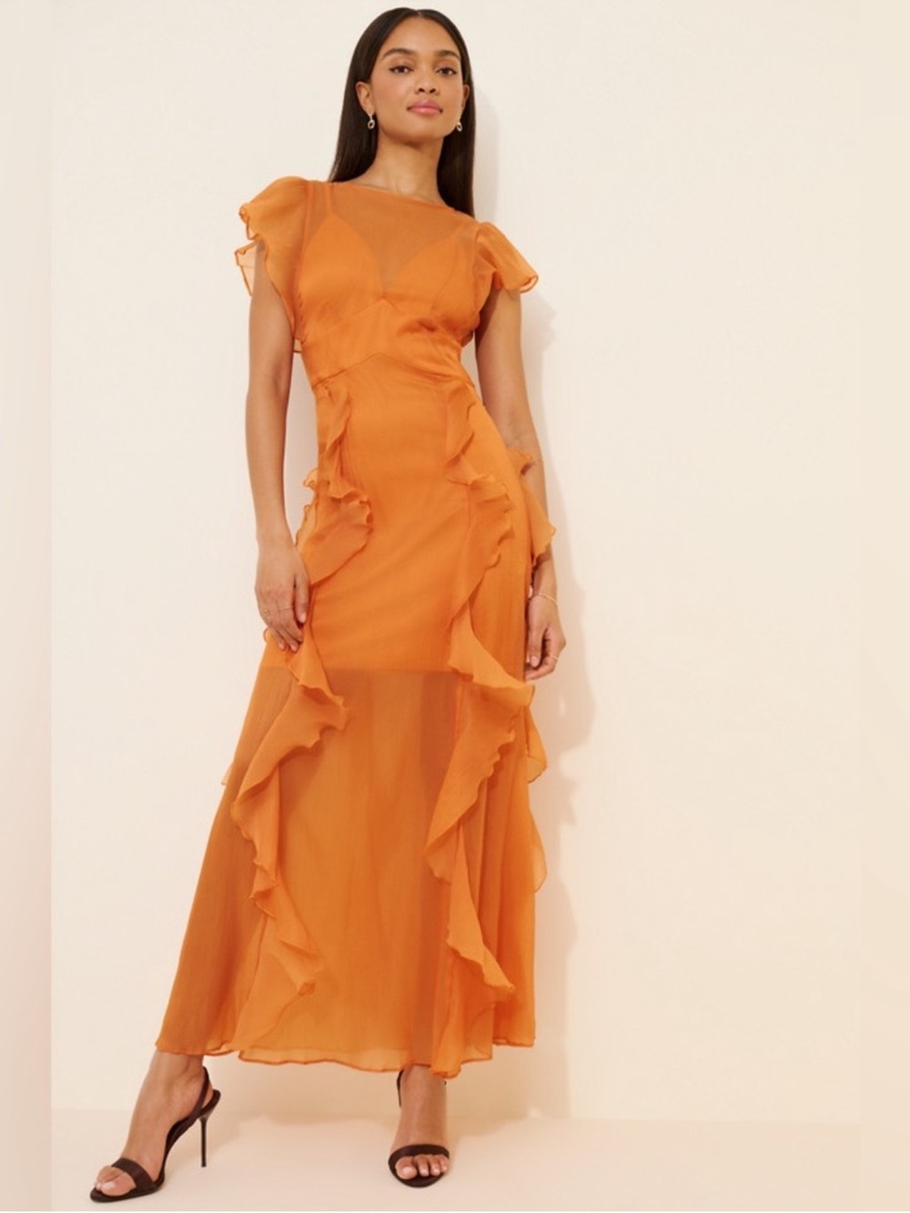 Hutch Amity Orange Ruffle-Trim Maxi Dress